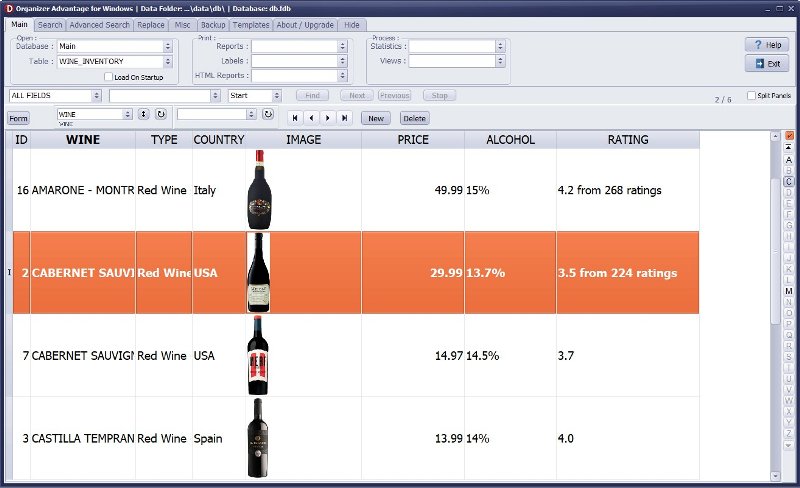 Wine Inventory Software for Windows PCs table view